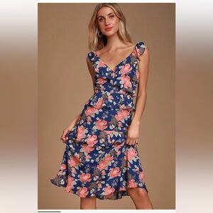 Lulu's NWT Fleur-Evermore Navy Blue Floral Print Ruffled Midi Dress Size Small